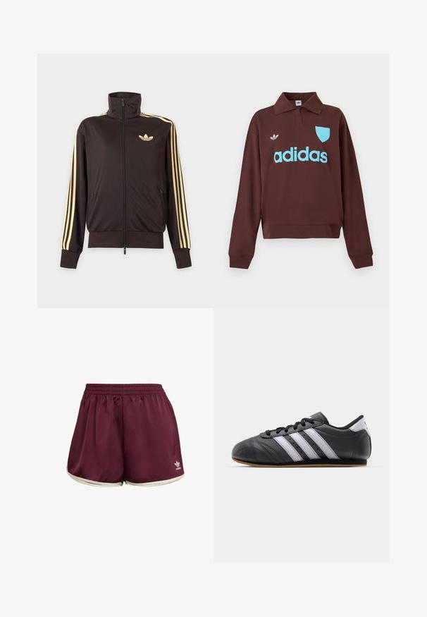 Chaqueta deportiva negra con cremallera y cuello alto, con rayas amarillas claras en las mangas y logo de Adidas trefoil en el pecho izquierdo.; Sudadera marrón con cuello tipo polo, que presenta un logo de "adidas" en azul claro y un detalle de escudo, confeccionada en un tejido suave con un corte relajado.; adidas Originals SPRINTER - Shorts - maroon cream white; Zapatilla deportiva de cuero negro con rayas blancas, puntera redonda, suela plana y cierre con cordones. Presenta perforaciones para transpirabilidad.