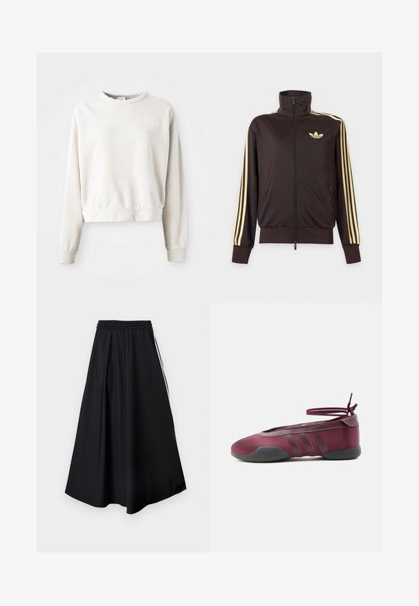 Mustast lukuga spordijakk kõrge kraega, helekollaste triipudega varruka all ja Adidas trefoil logo vasakul rinnal.; Kreemjas värvis lühike sweatshirt, mis on valmistatud pehmest kangast, ümarate kaeluste ja pikkade varrukatega ning mille rinnal on tikandiga logo.; Mustad laia lõikega püksid kummiga vöökohal ja valgete küljeribadega, esitatud tühjal valgel taustal.; Bordoopunane ballerinarätt musta tallaga, elastsete pahkluurihmadega, mis on seotud lipsuks, ja külgedel õmmeldud detailidega, nähtud välisküljelt.