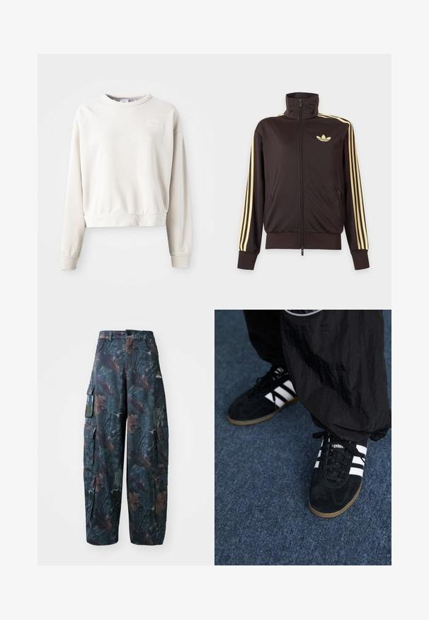 Sort lynlåstrøje med høj krave, lysegule striber ned ad ærmerne og Adidas trefoil-logo på venstre bryst.; Cremefarvet cropped sweatshirt lavet af blødt stof, med rund halsudskæring, lange ærmer og et broderet logo på brystet.; Camo cargo bukser i mørkegrøn og brun, med flere lommer og en løs pasform, lavet af letvægtigt, holdbart stof.; Sorte suedetrainingssko med tre hvide striber og sorte snørebånd. Et tekstureret sort bukser er delvist synligt ved siden af skoene.