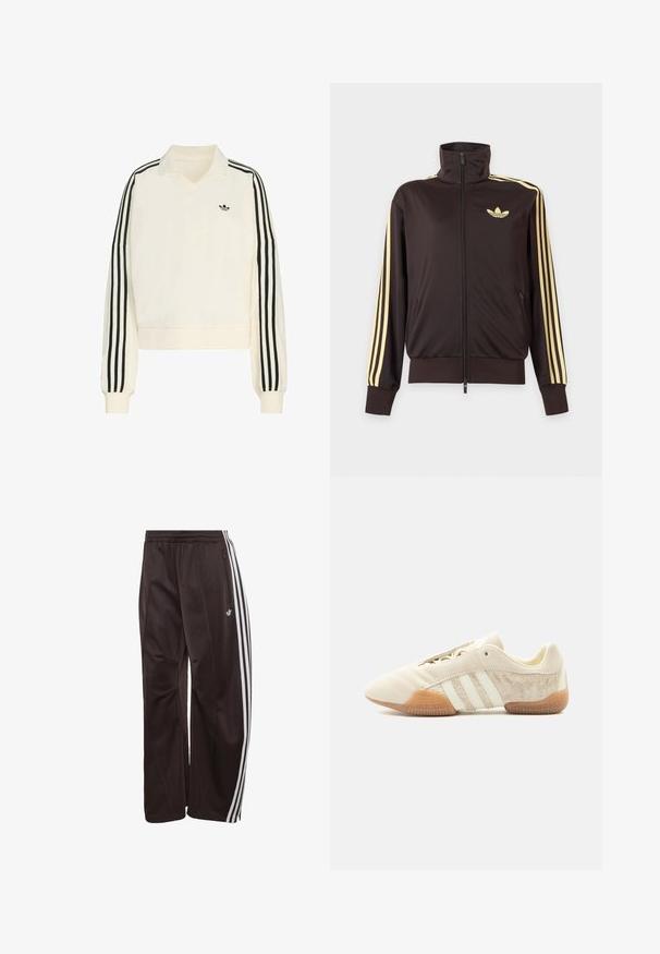 Sort lynlåstrøje med høj krave, lysegule striber ned ad ærmerne og Adidas trefoil-logo på venstre bryst.; Creme farvet pullover med v-hals, lange ærmer, sorte striber langs armene og et lille sort logo på brystet. Fremstillet af blødt stof.; Sorte Adidas træningsbukser med hvide tre striber ned langs siderne, elastisk linning, sidelomme med lynlås og Adidas-logo på venstre ben.; Lavprofileret beige sneaker med tre hvide striber, teksturerede ruskindssidepaneler, gummisål og snørelukning på ensfarvet baggrund.