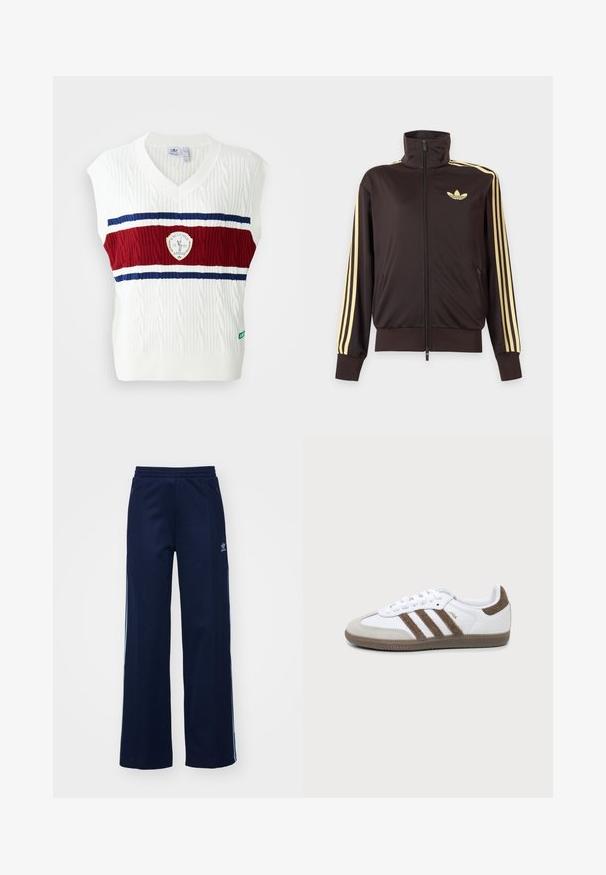 Čierna športová bunda na zips s vysokým golierom, svetložlté pruhy na rukávoch a logo Adidas trefoil na ľavej strane hrude.; Biele bezrukávové tričko s textúrou v tregu, zdobené červeným a modrým pruhovaným pásom a kruhovým logom. Žebrovaný výstrih a lem.; Námornícke nohavice z bavlneného zmesi s širokým strihom, elastickým pásom a zipsovými vreckami, s bielymi bočnými pruhmi a detailom loga.; Bielo-hnedá teniska Adidas Samba s tromi hnedými pruhmi, šnúrkami a textúrovanou podrážkou, zobrazená z boku na jednoliatom pozadí.