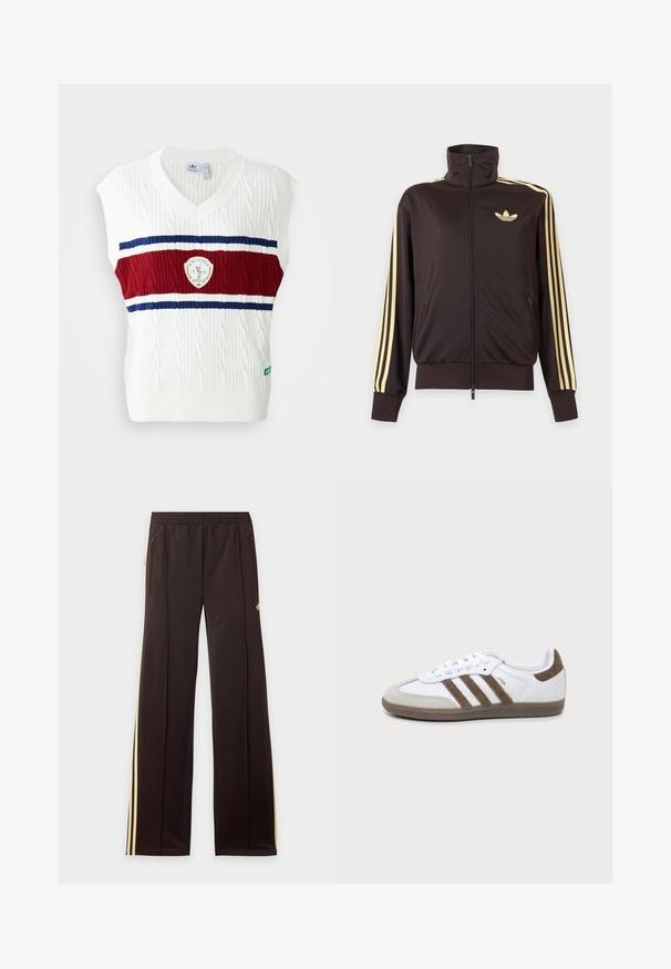 Zwarte joggingjas met rits en hoge kraag, lichtgele strepen op de mouwen en Adidas trefoil-logo op de linkerborst.; Witte mouwloze vest met kabelgebreide textuur, voorzien van een rood en blauwe gestreepte band en een cirkelvormig logo. Ribgebreide halslijn en zoom.; Zwarte trainingsbroek met gele zijstrepen, elastische tailleband, ritszakken aan de zijkant en een klein logo op het bovenbeen.; Witte en bruine Adidas Samba sneaker met drie bruine strepen, veters en een textuurs van boven- tot zool, getoond vanaf de zijkant op een effen achtergrond.
