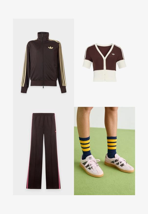 Mustast lukuga spordijakk kõrge kraega, helekollaste triipudega varruka all ja Adidas trefoil logo vasakul rinnal.; Lühikeste varrukatega kardigan, millel on pruun ülemine ja kreemjas alumine osa, V-kaeluse, nööpide sulgemise ja peene kolme triibu disain.; Mustad spordipüksid roosade küljeribadega, elastse vöökohaga, lukuga taskud ja Adidas logo vasakul reiel.; Kerged roosa seemisnahast tossud mustade triipudega ja kummist tallaga, koos tumesiniste ja kollaste triipudega ribakudumiga sokkidega. Roheline tekstuuriga põrand.