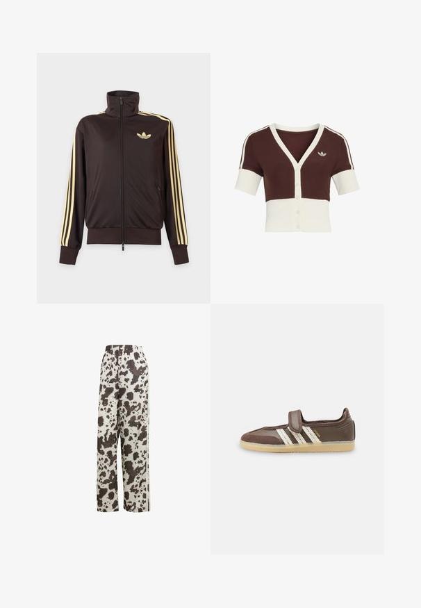 Sort lynlåstrøje med høj krave, lysegule striber ned ad ærmerne og Adidas trefoil-logo på venstre bryst.; Kortærmet cardigan med en brun øverste del og cremefarvet nederste del, med V-hals, knaplukning og et diskret trestribet design.; adidas Originals COW PRINT SATIN WIDE LEG - Træningsbukser - multicolor off white; Brun sneaker med beige gummisål, tre hvide striber på siden og en enkelt velcrolukning over vristen.