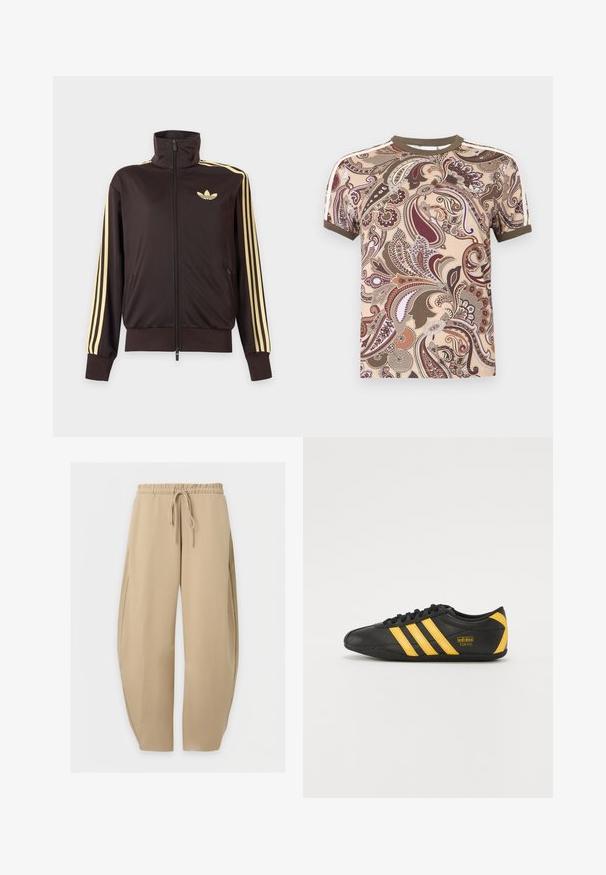 Sort lynlåstrøje med høj krave, lysegule striber ned ad ærmerne og Adidas trefoil-logo på venstre bryst.; Kortærmet t-shirt med kant i olivengrøn, prydet med et indviklet paisleymønster i beige, brun og bordeaux nuancer.; Beige vidde joggingbukser med elastisk talje og snøre foran, vist fladt på en hvid baggrund.; Sort lædersportssko med gult tre-stribe design, rund tå, sorte snørebånd og lille logo på siden. Lavprofil silhuet.