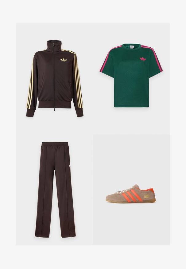 Sort lynlåstrøje med høj krave, lysegule striber ned ad ærmerne og Adidas trefoil-logo på venstre bryst.; Grøn kortærmet t-shirt med lyserøde striber på skuldrene og Adidas trefoil-logo på brystet.; Mørkebrune Adidas træningsbukser med elastik i taljen, sidelommer med lynlås og lille hvid Trefoil-logo på højre lår.; Brune ruskinds sneakers med tre klare orange striber, snørebånd foran og gyldent "Gazelle" branding på siden. Flad gummi sål.