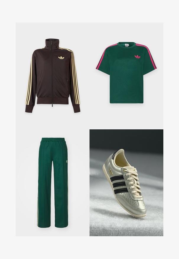 Sort lynlåstrøje med høj krave, lysegule striber ned ad ærmerne og Adidas trefoil-logo på venstre bryst.; Grøn kortærmet t-shirt med lyserøde striber på skuldrene og Adidas trefoil-logo på brystet.; Mørkegrønne træningsbukser med en afslappet pasform, der har snor i taljen, sidelommer og cremefarvede striber langs siderne.; Lys grå lædersneaker med sorte striber, perforerede detaljer, beige snørebånd og et guld logo-patch. Tekstureret gummisål.