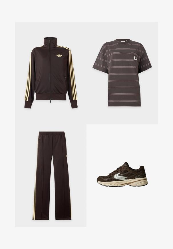 Sort lynlåstrøje med høj krave, lysegule striber ned ad ærmerne og Adidas trefoil-logo på venstre bryst.; Mørkegrå T-shirt med korte ærmer med tynde, horisontale lyserøde striber og en lille lomme på venstre bryst med en sort-hvid logo-patch.; Sorte træningsbukser med gule sidelister, elastisk taljebånd, lynlåslommer i siderne og en lille logo på den øvre lår.; Brun atletisk sko med mesh-paneler, et hvidt accentdesign, en polstret gummisål og en strikket overdelsmateriale for åndbarhed.