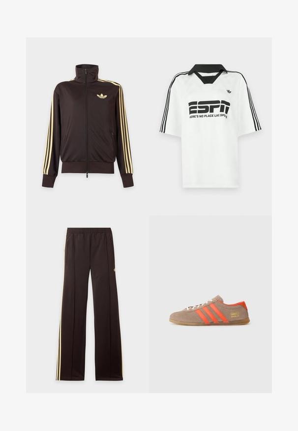 Chaqueta deportiva negra con cremallera y cuello alto, con rayas amarillas claras en las mangas y logo de Adidas trefoil en el pecho izquierdo.; Camiseta blanca de manga corta con cuello negro, tres rayas negras en las mangas y texto negro en negrita que dice "ESPN" y "NO HAY LUGAR COMO LOS SPOTS."; Pantalones de chándal negros con rayas amarillas laterales, cintura elástica, bolsillos laterales con cremallera y un pequeño logo en el muslo superior.; Zapatillas de ante marrón con tres rayas naranjas brillantes, parte frontal con cordones y el logo dorado "Gazelle" en el lateral. Suela de goma plana.