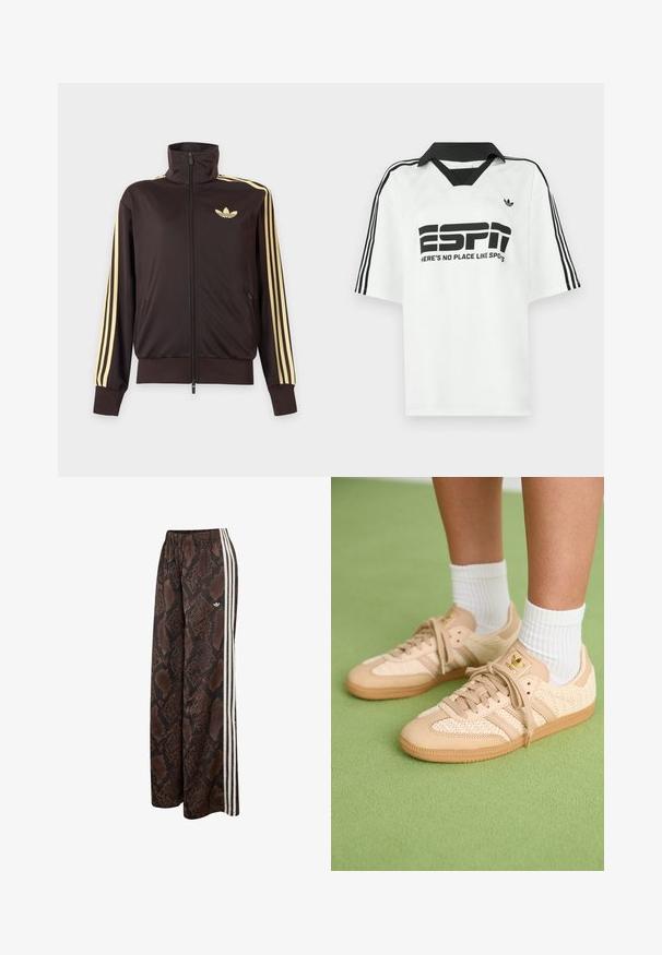 Zwarte joggingjas met rits en hoge kraag, lichtgele strepen op de mouwen en Adidas trefoil-logo op de linkerborst.; Witte korte mouwen blouse met een zwarte kraag, drie zwarte strepen op de mouwen en een gedurfde zwarte tekst met de woorden "ESPN" en "HIER IS NO PLACE LIKE SPOTS."; Brede broek met bruin-zwart slangenhuidpatroon, witte zijstrepen en een elastische tailleband, met een klein Adidas-logo.; Voeten in beige geweven Adidas sneakers met gumzolen en witte enkelsokken op een groene gestructureerde vloer.