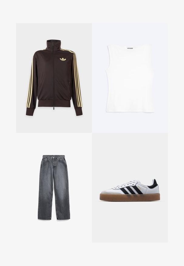 Zwarte joggingjas met rits en hoge kraag, lichtgele strepen op de mouwen en Adidas trefoil-logo op de linkerborst.; Wit nauwsluitend mouwloos tanktopje met een ronde halslijn en minimalistisch ontwerp, met het label "WEEKDAY" aan de binnenkant van de kraag.; Donkergrijze rechte jeans met voorzakken, riemlussen, knoop en ritssluiting.; Witte leren sneakers met zwarte strepen, gumrubberen buitenzool, ronde neus, vetersluiting en een zachte grijze suède neuskap.