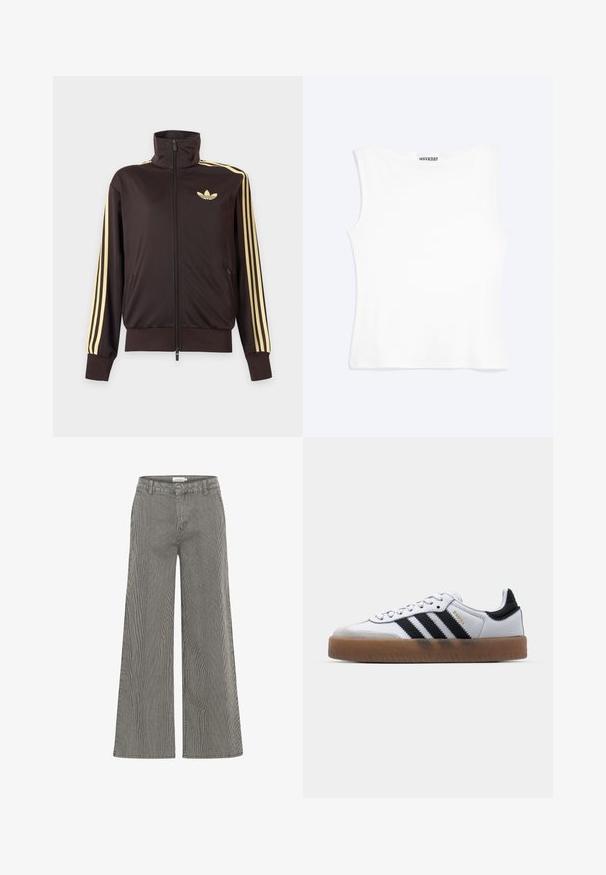 Chaqueta deportiva negra con cremallera y cuello alto, con rayas amarillas claras en las mangas y logo de Adidas trefoil en el pecho izquierdo.; Camiseta sin mangas blanca ajustada con escote redondo y diseño minimalista, etiquetada como "WEEKDAY" en el interior del cuello.; Pantalones de pierna ancha a rayas blancas y negras con cintura alta, que cuentan con trabillas para cinturón y una textura suave. Aptos para uso casual o formal.; Zapatillas de cuero blancas con rayas negras, suela de goma, puntera redonda, cierre de cordones y caperuza de ante gris suave.