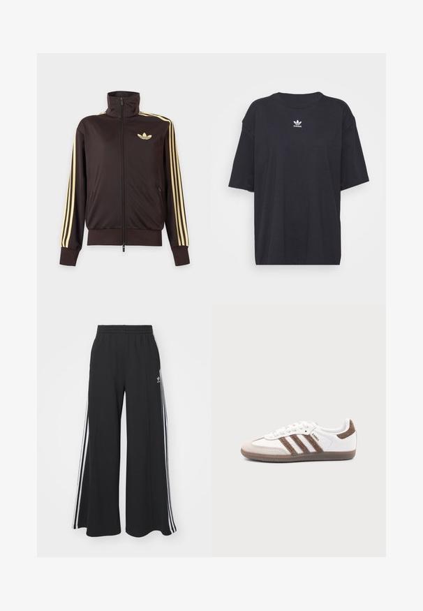 Sort lynlåstrøje med høj krave, lysegule striber ned ad ærmerne og Adidas trefoil-logo på venstre bryst.; Sort bomulds t-shirt med korte ærmer, rund halsudskæring, med et hvidt Adidas-logo på brystet. Enkel design, afslappet pasform.; Sorte bukser med vide ben og elastik i taljen, med tre hvide striber langs ydersiderne og et lille logo foran.; Hvid Adidas Samba sneaker med brune ruskindstriber, brun gummisål og beige ruskindståhætte, vist fra ydersiden på en ensfarvet baggrund.