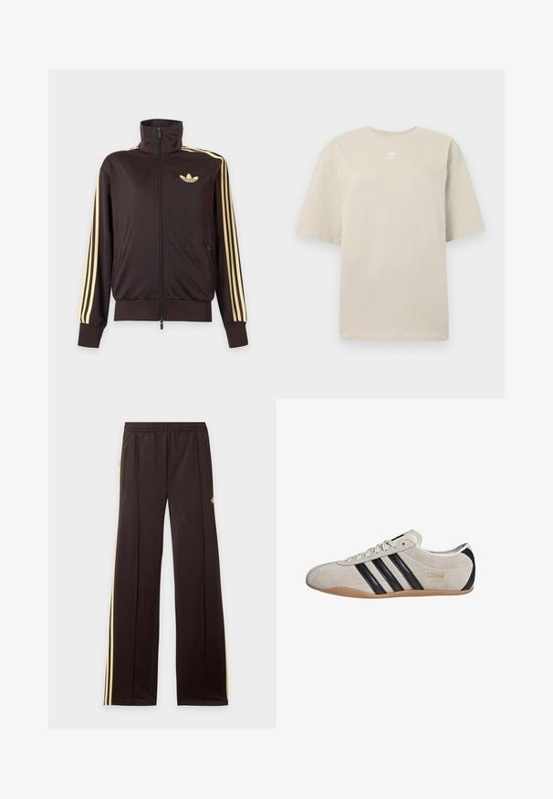 Čierna športová bunda na zips s vysokým golierom, svetložlté pruhy na rukávoch a logo Adidas trefoil na ľavej strane hrude.; Béžové tričko s krátkym rukávom vyrobené z bavlny, s okrúhlym výstrihom a malým bielym logom Adidas vytlačeným na hrudi. Mäkká textúra, voľný strih.; Čierne tepláky so žltými bočnými pruhmi, elastickým pásom, bočnými vreckami na zips a malým logom na hornej časti stehna.; Semišové tenisky so šedým zvrškom, čiernymi pruhmi a gumovou podrážkou. Majú šnurovanie a zlatý logový detail na boku.