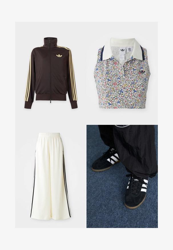 Schwarze Trainingsjacke mit Reißverschluss und hohem Kragen, hellgelben Streifen an den Ärmeln und Adidas Trefoil Logo auf der linken Brust.; Blumen-Crop-Top mit weißem Grund und blauen, roten und gelben Blumen. Verfügt über einen weißen Kragen mit marineblauen Akzenten und einem bestickten Logo.; Weiße weite Hosen mit elastischem Bund und schwarzen vertikalen Streifen an den äußeren Nähten.; Schwarze Wildleder-Sportschuhe mit drei weißen Streifen und schwarzen Schnürsenkeln. Eine strukturierte schwarze Hose ist teilweise neben den Schuhen sichtbar.