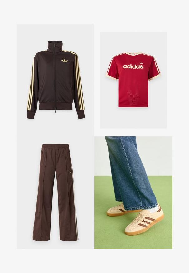 Sort lynlåstrøje med høj krave, lysegule striber ned ad ærmerne og Adidas trefoil-logo på venstre bryst.; Rød Adidas mesh t-shirt med beige kant på krave, ærmer og de tre striber på skuldrene, med Adidas-logo og tekst på fronten.; Brune atletiske bukser med vidde ben, hvide striber på siden, elastisk linning og to sidelommer. Har et lille logo på benet.; Beige sneakers med teksturerede cremefarvede paneler og brune striber, parret med blå denim jeans. Jeansene har brede ben og en frynset kant.