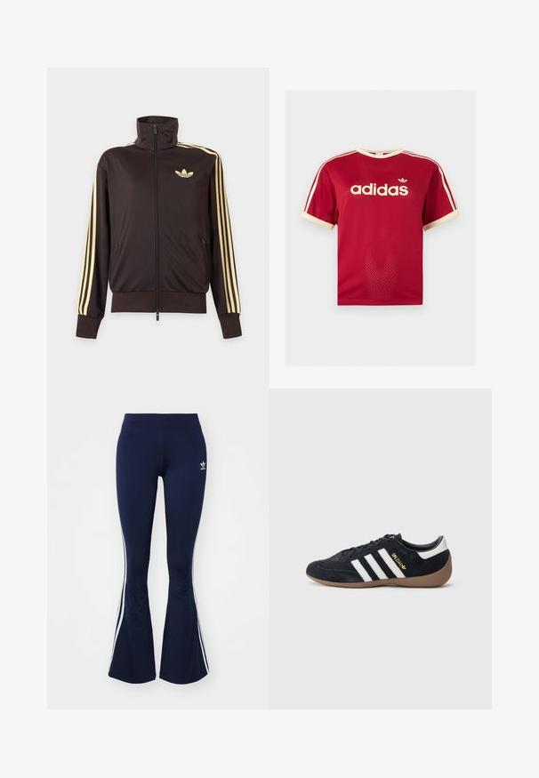 Čierna športová bunda na zips s vysokým golierom, svetložlté pruhy na rukávoch a logo Adidas trefoil na ľavej strane hrude.; Červené sieťované tričko Adidas s béžovým lemovaním na golieri, rukávoch a troch pruhmi na pleciach, s logom Adidas a textom na prednej strane.; Námornícke modré rozšírené legíny vyrobené z elastického materiálu, s bielymi bočnými pruhmi a malým logom vpredu. Hladká textúra po celom povrchu.; Čierna semišová teniska s tromi bielymi pruhmi, gumovou podrážkou a malým zlatým logom na boku. Má hladkú čiernu vnútornú podšívku.