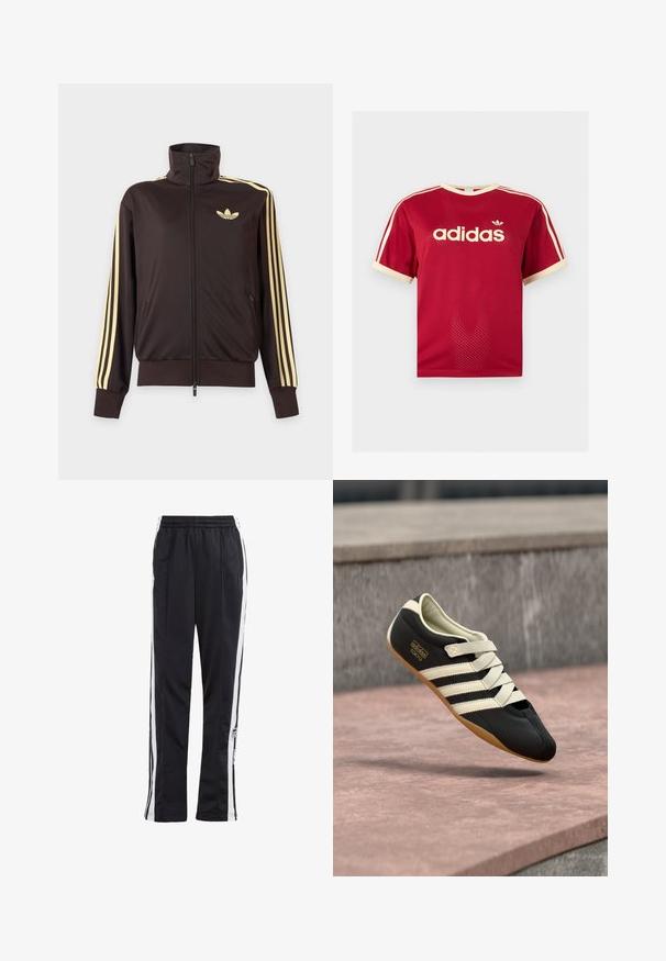 Schwarze Trainingsjacke mit Reißverschluss und hohem Kragen, hellgelben Streifen an den Ärmeln und Adidas Trefoil Logo auf der linken Brust.; Rotes Adidas Mesh-T-Shirt mit beigem Besatz am Kragen, an den Ärmeln und den drei Streifen auf den Schultern, mit Adidas-Logo und Schriftzug auf der Vorderseite.; Schwarze Jogginghose mit weißen Seitenstreifen, elastischem Bund und einem Logo-Patch. Hergestellt aus glattem, leichtem Stoff. Gerades Bein-Design.; Schwarzer Sportschuh mit cremefarbenen Streifen und Schnürsenkeln, mit niedrigem Profil, glatter Textur und einer Gummisohle für guten Halt. Markenlabel sichtbar.