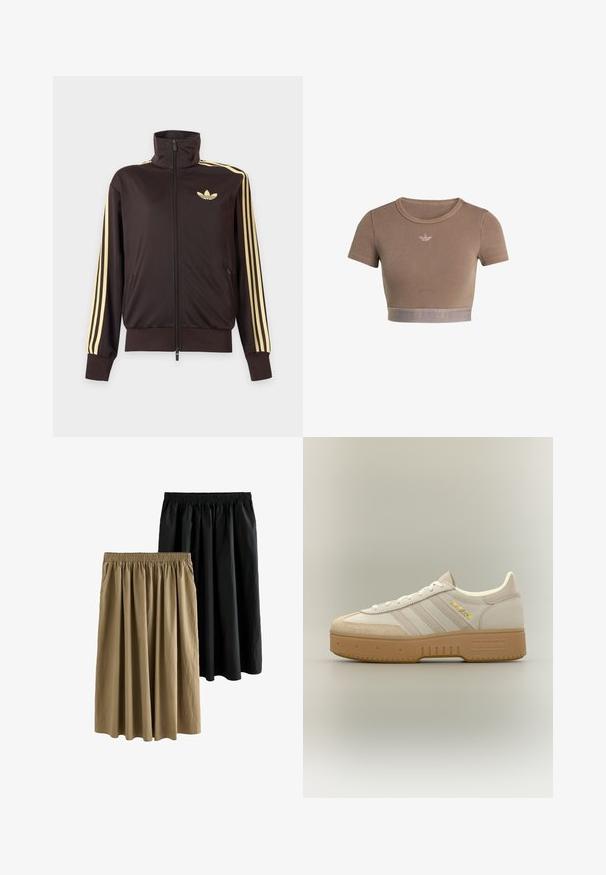 Sort lynlåstrøje med høj krave, lysegule striber ned ad ærmerne og Adidas trefoil-logo på venstre bryst.; Brun ribstrikket cropped top med korte ærmer, rund halsudskæring og en tekstureret kant forneden med et diskret logo-mønster.; To knælange nederdele: en sort og en khaki. Begge har en elastisk talje og et flydende design med blødt, struktureret stof.; Krem- og beige Adidas-sneaker med gummisål, tre striber på siden og "SPECIAL" skrevet i guld nær snørebåndene.