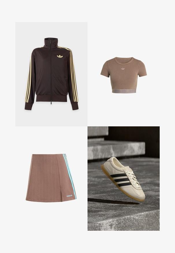 Sort lynlåstrøje med høj krave, lysegule striber ned ad ærmerne og Adidas trefoil-logo på venstre bryst.; Brun ribstrikket cropped top med korte ærmer, rund halsudskæring og en tekstureret kant forneden med et diskret logo-mønster.; Brun plisseret skort med blå sidelister og logo. Har et rent design, subtil tekstur og en lige kant.; Hvid sneaker med sorte striber og gummisål svæver over betontrapper i blødt dagslys.