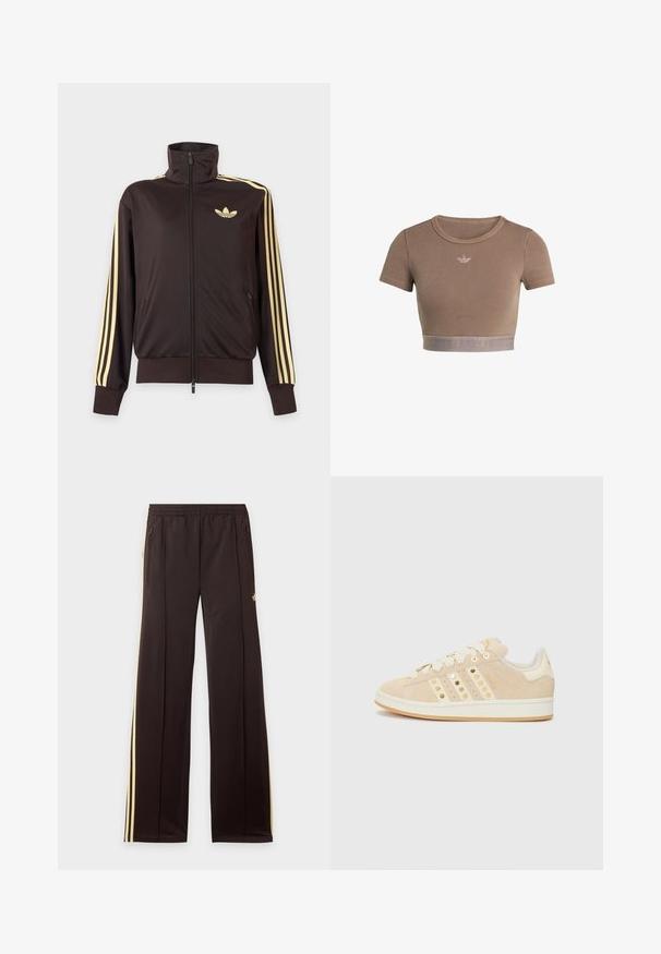 Zwarte joggingjas met rits en hoge kraag, lichtgele strepen op de mouwen en Adidas trefoil-logo op de linkerborst.; Bruin geribd crop top met korte mouwen, ronde halslijn en een textuurrand aan de onderkant met een subtiel logopatroon.; Zwarte trainingsbroek met gele zijstrepen, elastische tailleband, ritszakken aan de zijkant en een klein logo op het bovenbeen.; adidas Originals CAMPUS 00S W - Sneakers laag - sand strata/cream white/gold-coloured