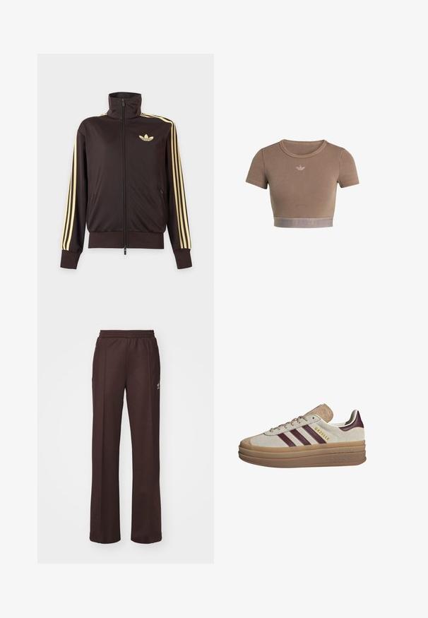 Sort lynlåstrøje med høj krave, lysegule striber ned ad ærmerne og Adidas trefoil-logo på venstre bryst.; Brun ribstrikket cropped top med korte ærmer, rund halsudskæring og en tekstureret kant forneden med et diskret logo-mønster.; Brune træningsbukser med elastisk talje, to sidelommer og et lille logo på venstre side, lavet af et blødt stof.; Beige ruskinds sneakers med maroon striber, hvide accenter, en kraftig gennemsigtig sål og forhøjet branding på siden. Snørebåndsdesign.