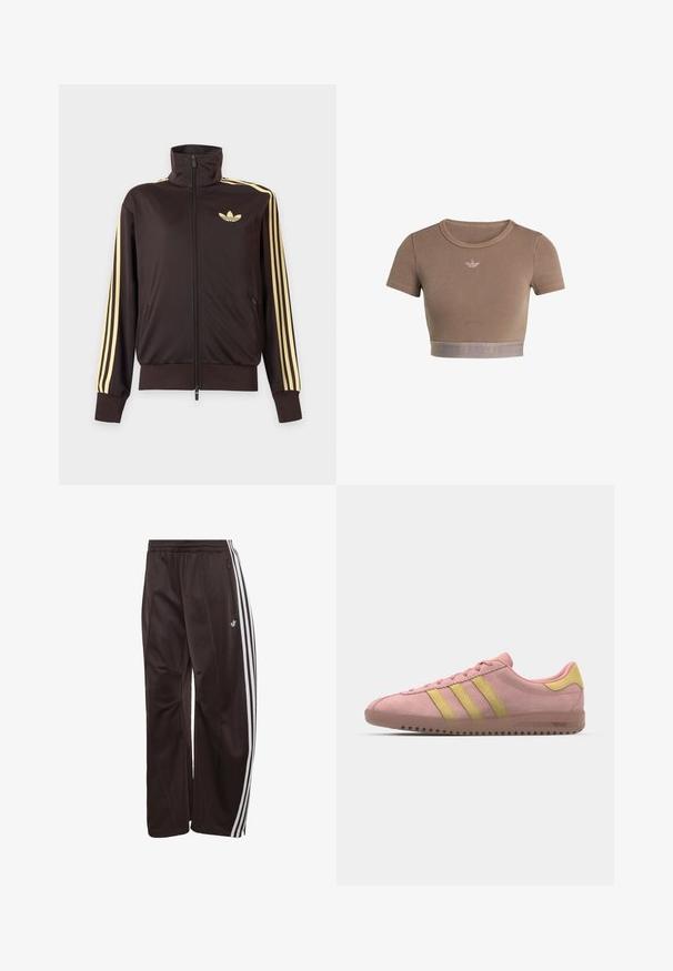 Schwarze Trainingsjacke mit Reißverschluss und hohem Kragen, hellgelben Streifen an den Ärmeln und Adidas Trefoil Logo auf der linken Brust.; Braunes, geripptes Crop-Top mit kurzen Ärmeln, rundem Ausschnitt und einem strukturierten Saumband am unteren Rand mit einem dezenten Logomuster.; Schwarze Adidas Trainingshose mit weißen drei Streifen an den Seiten, elastischem Bund, seitlicher Reißverschlusstasche und Adidas-Logo am linken Bein.; Rosa Wildleder-Sneaker mit drei gelben Streifen, runder Spitze und strukturiertem Gummisohle. Niedriges Profil mit gepolstertem Kragen.