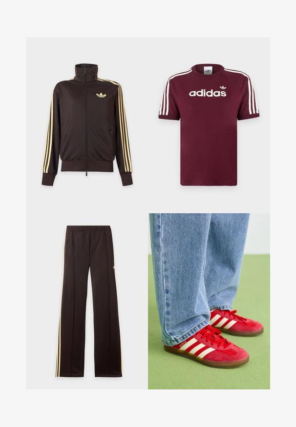 Sort lynlåstrøje med høj krave, lysegule striber ned ad ærmerne og Adidas trefoil-logo på venstre bryst.; Mørkerød bomulds T-shirt med hvide stribede ærmer, med "adidas" logo i hvid på brystet og et lille logo ovenover.; Sorte træningsbukser med gule sidelister, elastisk taljebånd, lynlåslommer i siderne og en lille logo på den øvre lår.; Røde ruskinds sneakers med tre hvide striber, rund tå og tekstureret sål, parret med lyseblå denim jeans på en grøn baggrund.