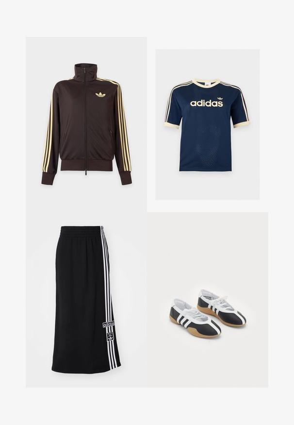 Sort lynlåstrøje med høj krave, lysegule striber ned ad ærmerne og Adidas trefoil-logo på venstre bryst.; Adidas mørkeblå mesh t-shirt med korte ærmer med cremefarvet kant, tre cremefarvede striber på ærmerne og Adidas-logo på brystet.; Sort atletisk nederdel med elastisk talje, prydet med tre hvide striber langs den ene side og et Adidas-logo. Glat stoftekstur.; Sort-hvide sportsko med et slankt design, gummisål, snørebåndslukning og tre hvide striber på siden.