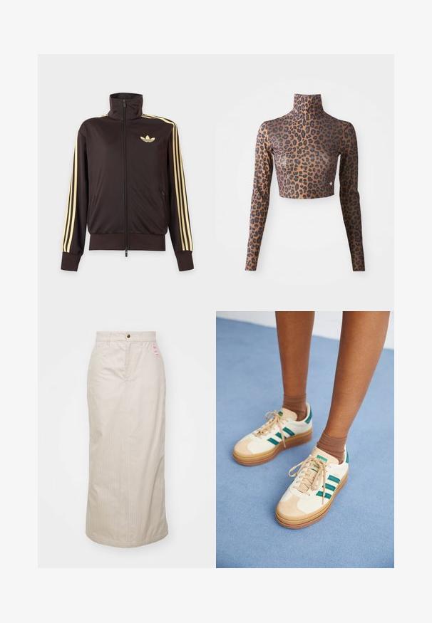 Black zip-up track jacket with high collar, light yellow stripes down sleeves, and Adidas trefoil logo on left chest.; Leopard print long-sleeve crop top in brown and black, featuring a high neck and sleek, smooth texture. Subtle logo detail at the hem.; Beige pinstriped skirt with a high waist, concealed zipper, and metal button closure. Includes a small branded label on the front.; Beige sneakers with dark green stripes, rubber sole, suede and textile upper, and neutral hardware, paired with brown socks on a light blue surface.