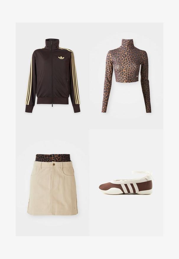Sort lynlåstrøje med høj krave, lysegule striber ned ad ærmerne og Adidas trefoil-logo på venstre bryst.; Langærmet cropped top med leopardprint i brune og sorte farver, med høj hals og glat, sleek tekstur. Diskret logo-detalje ved kanten.; Tan denim nederdel med en brun leopardmønstret elastisk talje, forlommer og en lige pasform, der har synlige syninger.; Brun og hvid balletflad sko med tre hvide striber og ankelbånds sløjfe på en ensartet lys baggrund.