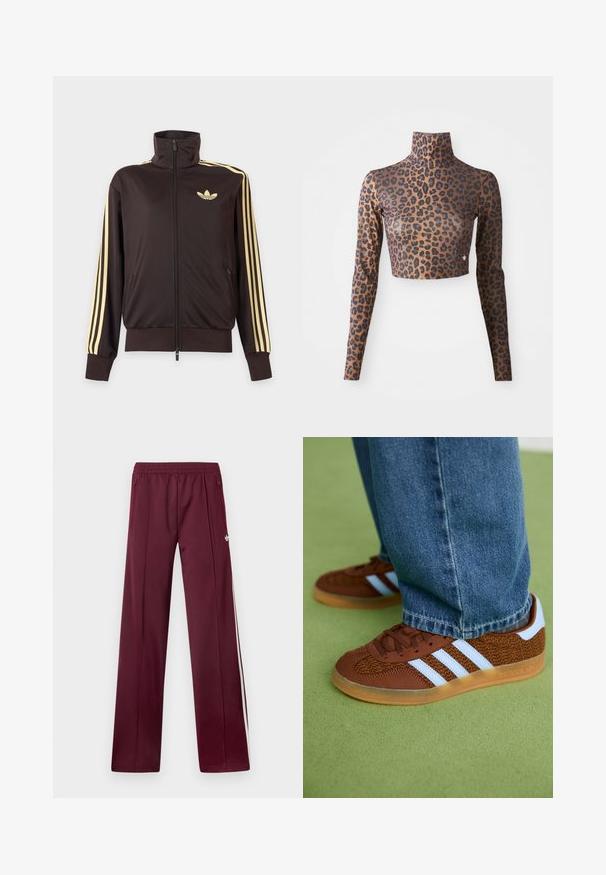 Zwarte joggingjas met rits en hoge kraag, lichtgele strepen op de mouwen en Adidas trefoil-logo op de linkerborst.; Leopardprint langsl sleeve crop top in bruin en zwart, met een hoge hals en een strakke, gladde textuur. Subtiele logo-detail aan de rand.; Wijnrode trainingsbroek met elastische tailleband, zijzakken met rits, witte zijstrepen en een klein wit Adidas-logo op de rechterdij.; Bruine Adidas sneakers met witte strepen en rubberen zolen, gedragen met blauwe jeans op een groene vloer.