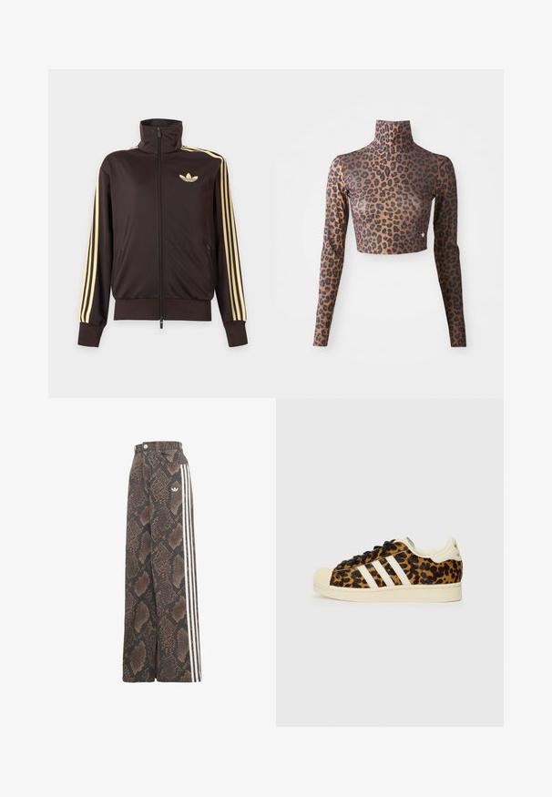 Sort lynlåstrøje med høj krave, lysegule striber ned ad ærmerne og Adidas trefoil-logo på venstre bryst.; Langærmet cropped top med leopardprint i brune og sorte farver, med høj hals og glat, sleek tekstur. Diskret logo-detalje ved kanten.; Bukser med brede ben med brunt og sort slangeskindsmønster, med hvidt tre-stribet sidestykke og Adidas trefoil logo på hoften.; Sneakers med leopardmønster, sorte snørebånd, hvidt design med tre striber, cremefarvet gummitå og sål samt tekstureret overmateriale.