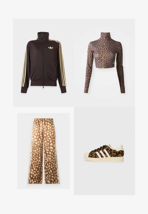 Sort lynlåstrøje med høj krave, lysegule striber ned ad ærmerne og Adidas trefoil-logo på venstre bryst.; Langærmet cropped top med leopardprint i brune og sorte farver, med høj hals og glat, sleek tekstur. Diskret logo-detalje ved kanten.; Bukser med vide ben med beige og hvidt hjorteprint, elastisk talje og hvide sidelommer.; Sneakers med leopardmønster, sorte snørebånd, hvidt design med tre striber, cremefarvet gummitå og sål samt tekstureret overmateriale.