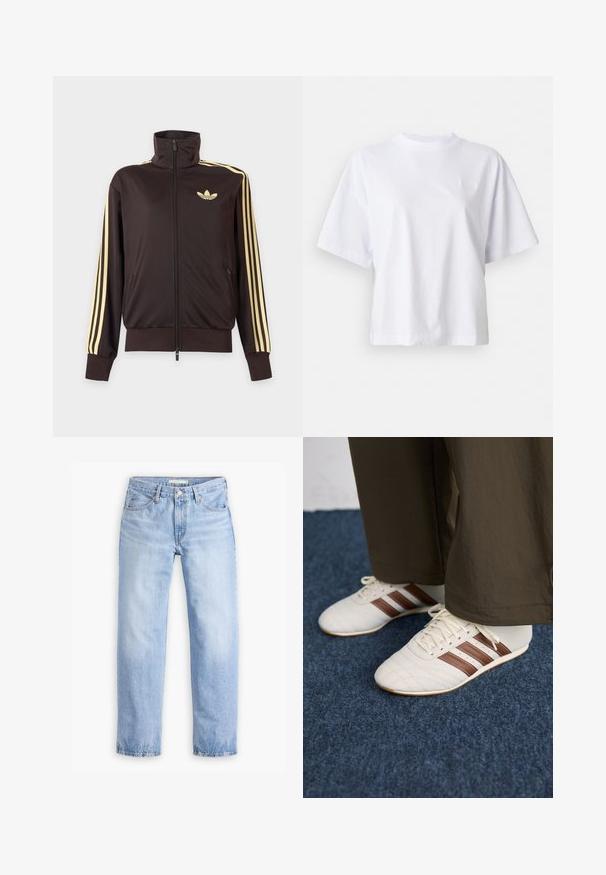 Sort lynlåstrøje med høj krave, lysegule striber ned ad ærmerne og Adidas trefoil-logo på venstre bryst.; Hvid bomulds t-shirt med en afslappet pasform, korte ærmer og ribbet rund halsudskæring. Har subtil branding på brystet.; Lyseblå denimjeans med en lige ben-design, fem lommer og en mellemhøj talje. Har en falmet struktur og håndsyet kant.; Hvide sneakers med brune striber, iført brune bukser på et blåt tæppe.