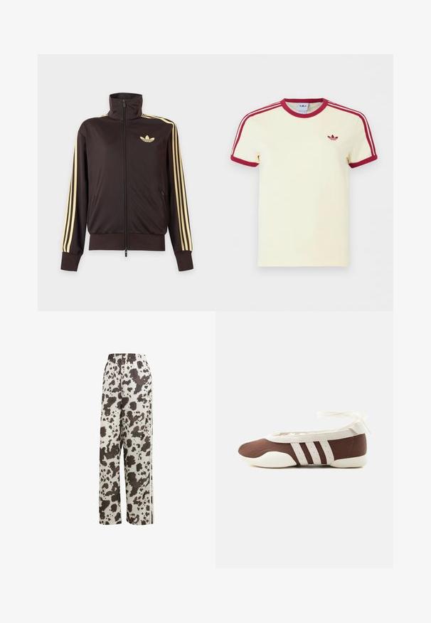 Sort lynlåstrøje med høj krave, lysegule striber ned ad ærmerne og Adidas trefoil-logo på venstre bryst.; Kremfarvet Adidas T-shirt med korte ærmer, rød ribkant ved hals, ærmekanter, tre røde striber på skuldrene og rødt Adidas trefoil-logo på brystet.; adidas Originals COW PRINT SATIN WIDE LEG - Træningsbukser - multicolor off white; Brun og hvid balletflad sko med tre hvide striber og ankelbånds sløjfe på en ensartet lys baggrund.