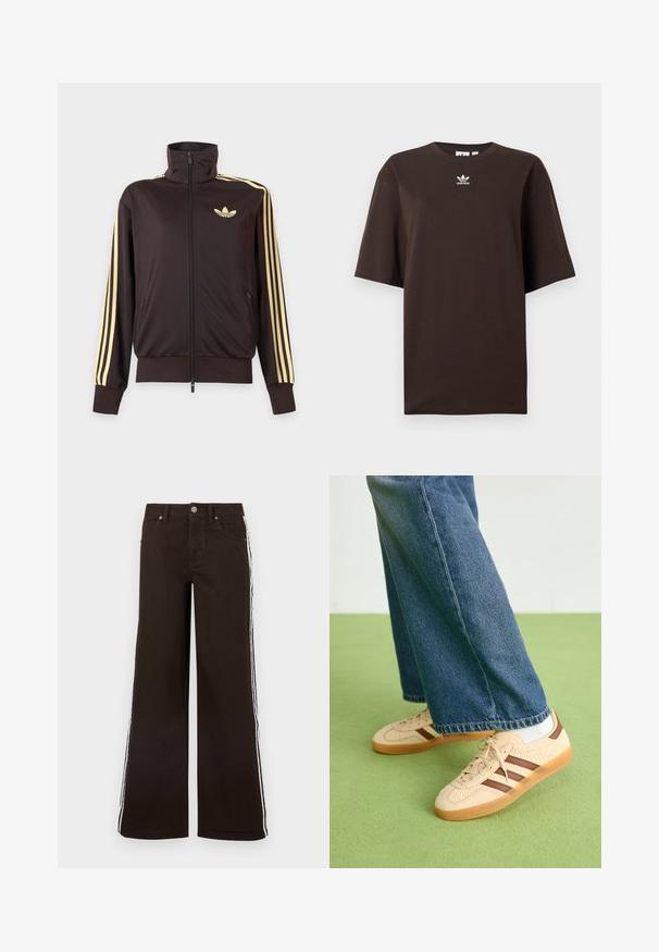 Chaqueta deportiva negra con cremallera y cuello alto, con rayas amarillas claras en las mangas y logo de Adidas trefoil en el pecho izquierdo.; Camiseta de gran tamaño de Adidas en marrón oscuro con mangas cortas y un pequeño logo blanco de Adidas centrado debajo del cuello.; Jeans marrones de pierna ancha hechos de mezclilla, con rayas blancas laterales, diseño clásico de cinco bolsillos y cierre con botón de metal.; Zapatillas beige con paneles de crema texturizados y rayas marrones, combinadas con unos jeans de mezclilla azul. Los jeans tienen un corte de pierna ancha y dobladillo deshilachado.