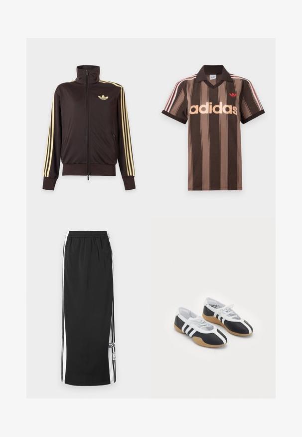 Sort lynlåstrøje med høj krave, lysegule striber ned ad ærmerne og Adidas trefoil-logo på venstre bryst.; Brunstribet Adidas polo-shirt med V-hals, bordeaux krave og rødt logo. Har hvide og røde skulderstriber samt korte ærmer.; Sort lang atletisk nederdel med hvide sidepaneler og sorte striber, elastisk taljebånd og Adidas-logo i patch nær nederste kant.; Sort-hvide sportsko med et slankt design, gummisål, snørebåndslukning og tre hvide striber på siden.