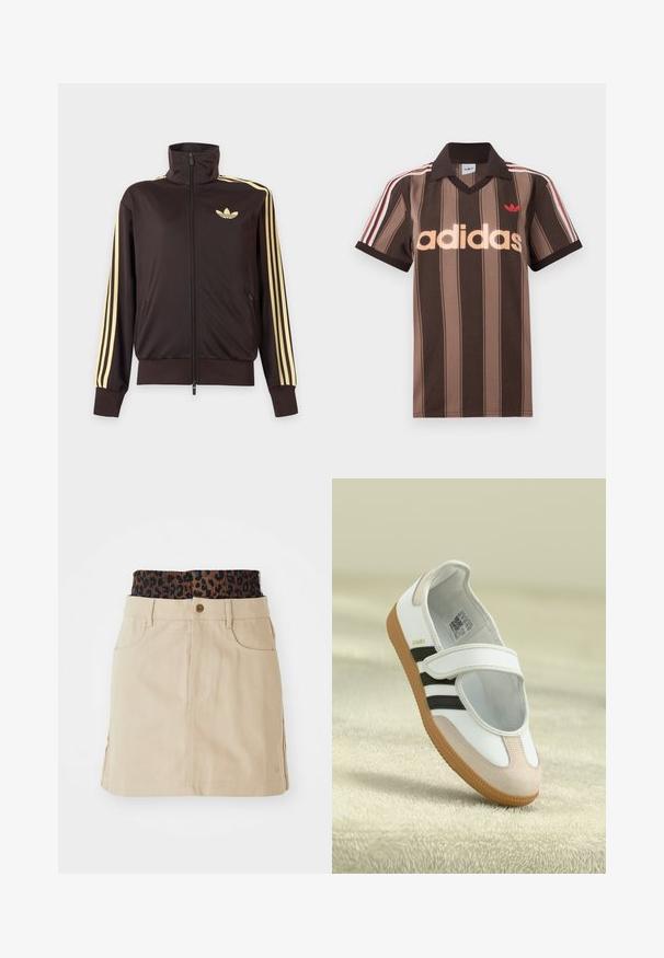 Mustast lukuga spordijakk kõrge kraega, helekollaste triipudega varruka all ja Adidas trefoil logo vasakul rinnal.; Pruunide triipudega Adidas polotee, V-kaelusega, bordeau krae ja punase logoga. Omad valge ja punase triibuga õlad ning lühikesed varrukad.; Tan denimhülss, millel on pruun leopardimustriga elastne vöökoht, eestaskud ja sirge lõige, rõhutades nähtavaid õmblusdetailide.; Valge king, millel on roosa sametist varvas, mustad triibud ja Velcro rihm. Omab pruuni kummist talla ja külje peal logo.