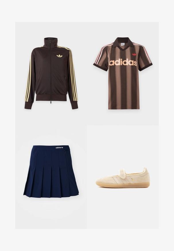 Sort lynlåstrøje med høj krave, lysegule striber ned ad ærmerne og Adidas trefoil-logo på venstre bryst.; Brunstribet Adidas polo-shirt med V-hals, bordeaux krave og rødt logo. Har hvide og røde skulderstriber samt korte ærmer.; Marineblå plisseret nederdel lavet af letvægtsstof; har en elastisk talje og en lille lynlås-lomme, med et hvidt Adidas-logo på forsiden.; Beige ruskind Mary Jane sneaker med velcrolukning, gummisål, tre syede striber og gyldent "SAMBA" branding på siden.