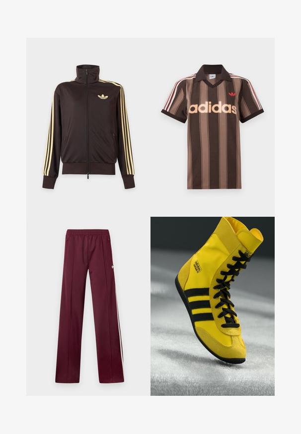 Čierna športová bunda na zips s vysokým golierom, svetložlté pruhy na rukávoch a logo Adidas trefoil na ľavej strane hrude.; Hnedé prúžkované polo tričko Adidas s výstrihom do V, bordovým golierom a červeným logom. Má bielo-červené pruhy na ramenách a krátke rukávy.; Vínové teplákové nohavice s elastickým pásom, bočnými vreckami na zips, bielymi bočnými pruhmi a malým bielym logom Adidas na pravej stehne.; Vysoké tenisky vyrobené zo žltého syntetického materiálu, so zosilnenými čiernymi šnúrkami, tromi čiernymi pruhmi a logom na boku. Kvalitná gumová podrážka.