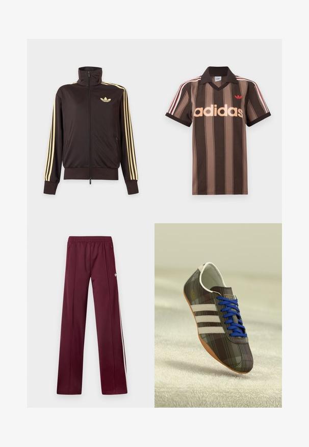 Chaqueta deportiva negra con cremallera y cuello alto, con rayas amarillas claras en las mangas y logo de Adidas trefoil en el pecho izquierdo.; Polo Adidas marrón con rayas, cuello en V, cuello burdeos y logo rojo. Presenta rayas blancas y rojas en los hombros, mangas cortas.; Pantalones deportivos burdeos con cinturilla elástica, bolsillos laterales con cremallera, rayas blancas a los lados y un pequeño logotipo blanco de Adidas en el muslo derecho.; Zapatillas deportivas de cuadros marrones con cordones azules, tres franjas blancas y una superficie lisa, con una suela de goma marrón clara.
