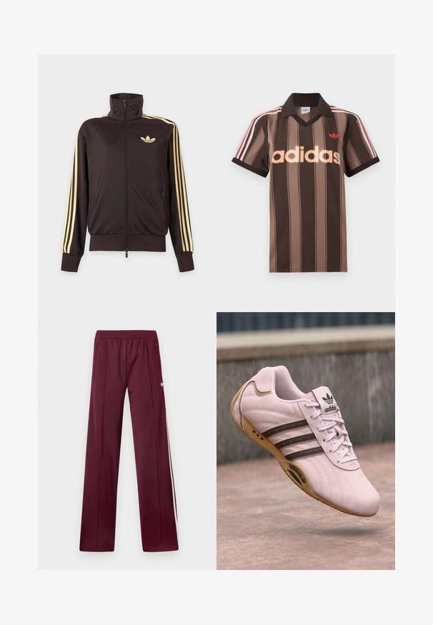 Sort lynlåstrøje med høj krave, lysegule striber ned ad ærmerne og Adidas trefoil-logo på venstre bryst.; Brunstribet Adidas polo-shirt med V-hals, bordeaux krave og rødt logo. Har hvide og røde skulderstriber samt korte ærmer.; Bordeaux løbebukser med elastisk taljebånd, sidelommer med lynlås, hvide sidelommer og et lille hvidt Adidas-logo på højre lår.; Lyserød ruskinds træningssko med gummisål, der har tre mørke striber, snørebånd og Adidas-logo på tungen. Rundet tådesign.