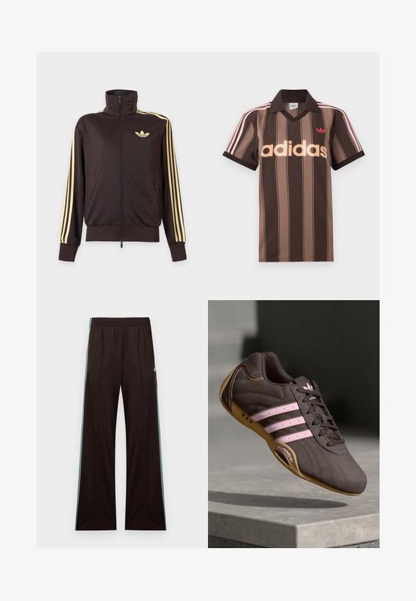 Čierna športová bunda na zips s vysokým golierom, svetložlté pruhy na rukávoch a logo Adidas trefoil na ľavej strane hrude.; Hnedé prúžkované polo tričko Adidas s výstrihom do V, bordovým golierom a červeným logom. Má bielo-červené pruhy na ramenách a krátke rukávy.; Čierne široké teplákové nohavice s svetlomodrými bočnými pruhmi, elastickým pásom, vreckami na zips a logom Adidas na ľavom bedre.; Hnedé semišové športové topánky s ružovými pruhmi a logom, s textúrovaným vrchom, šnurovaním a gumovou podrážkou.
