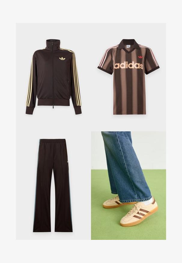 Mustast lukuga spordijakk kõrge kraega, helekollaste triipudega varruka all ja Adidas trefoil logo vasakul rinnal.; Pruunide triipudega Adidas polotee, V-kaelusega, bordeau krae ja punase logoga. Omad valge ja punase triibuga õlad ning lühikesed varrukad.; Mustad laiapõhjalised dressipüksid helesiniste küljeribadega, kummipaelaga vöökohal, tõmblukuga taskute ja Adidas logo vasakul puusal.; Beežid spordijalatsid tekstuursete kreemjatest paneelidest ja pruunidest triipudest, koos siniste denim pükstega. Püksid on avara säärega ja narmendava äärega.