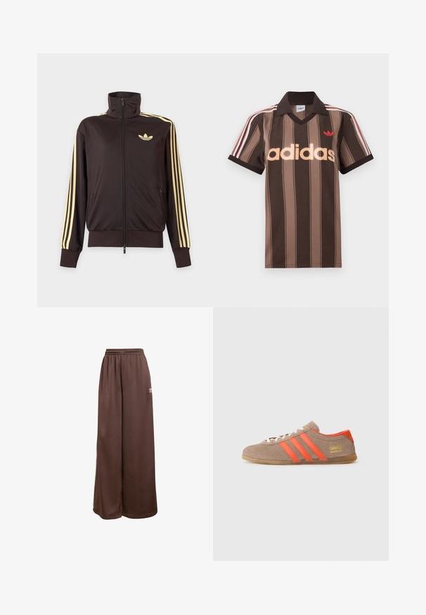 Mustast lukuga spordijakk kõrge kraega, helekollaste triipudega varruka all ja Adidas trefoil logo vasakul rinnal.; Pruunide triipudega Adidas polotee, V-kaelusega, bordeau krae ja punase logoga. Omad valge ja punase triibuga õlad ning lühikesed varrukad.; adidas Originals Dresside alumine osa - auburn cream white; Pruunist nubukist tennisajad kolme erksa oranži triibuga, paeltega ees, ja kullast "Gazelle" bränding küljes. Lame kummist tallaga.