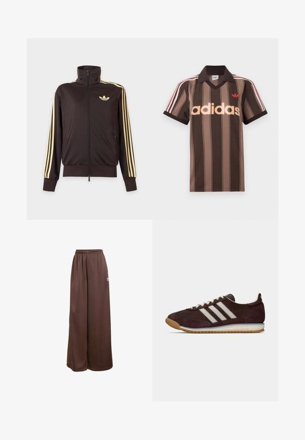 Sort lynlåstrøje med høj krave, lysegule striber ned ad ærmerne og Adidas trefoil-logo på venstre bryst.; Brunstribet Adidas polo-shirt med V-hals, bordeaux krave og rødt logo. Har hvide og røde skulderstriber samt korte ærmer.; adidas Originals Træningsbukser - auburn cream white; Lavprofil mørk burgunder Adidas sneakers med hvide striber, cremefarvede snørebånd og gummitalje, set fra siden på neutral baggrund.