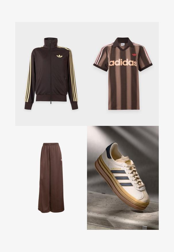 Zwarte joggingjas met rits en hoge kraag, lichtgele strepen op de mouwen en Adidas trefoil-logo op de linkerborst.; Bruine gestreepte Adidas polo met V-hals, bordeauxrode kraag en rood logo. Heeft witte en rode schouderstrepen, korte mouwen.; adidas Originals Trainingsbroek - auburn cream white; Adidas Gazelle sneaker met een crème suède bovenwerk, blauwe leren accenten, drie blauwe strepen, beige tussenzool en een bruine rubberen outsole.