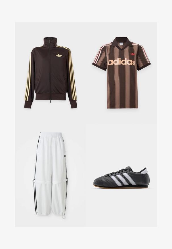 Sort lynlåstrøje med høj krave, lysegule striber ned ad ærmerne og Adidas trefoil-logo på venstre bryst.; Brunstribet Adidas polo-shirt med V-hals, bordeaux krave og rødt logo. Har hvide og røde skulderstriber samt korte ærmer.; Hvide sportbukser med en afslappet pasform, elastisk talje og sorte sidelæg. Har lynlåslommer og elastiske afslutninger ved anklerne.; Sorte lædersportssko med hvide striber, rund tå, flad sål og snørelukning. Har perforeringer for åndbarhed.