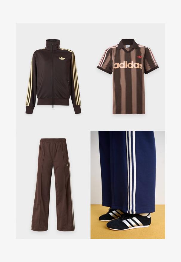 Sort lynlåstrøje med høj krave, lysegule striber ned ad ærmerne og Adidas trefoil-logo på venstre bryst.; Brunstribet Adidas polo-shirt med V-hals, bordeaux krave og rødt logo. Har hvide og røde skulderstriber samt korte ærmer.; Brune atletiske bukser med vidde ben, hvide striber på siden, elastisk linning og to sidelommer. Har et lille logo på benet.; Mørkeblå træningsbukser med tre hvide lodrette striber og sorte sportssko med sølvstriber og en struktureret overflade. Gul gulv.